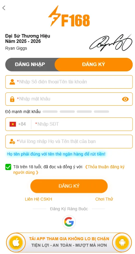 Các bước đăng ký tài khoản F168